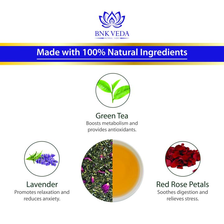 BNK VEDA Lavender Rose & Kashmiri Kahwa Green Tea (2x100) Wellness Tea | Loose Leaf & Tea Bags |Saffron & Spices | Detox Green Tea | Rich in Antioxidants | Premium Loose Green Tea