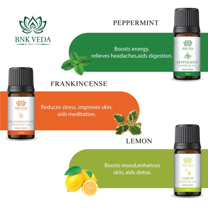 BNK VEDA Natural Cares Essential Oils Set (6x10ml) | Lavender Oil | Peppermint Oil | Tea Tree Oil | Eucalyptus Oil | Lemon Oil | Frankincense Oil | Pure & Organic Essential Oils