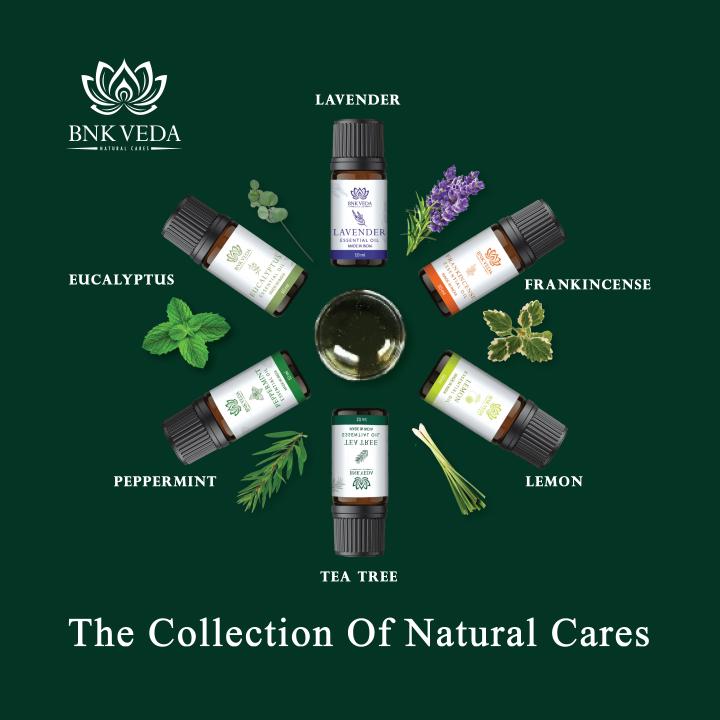 BNK VEDA Natural Cares Essential Oils Set (6x10ml) | Lavender Oil | Peppermint Oil | Tea Tree Oil | Eucalyptus Oil | Lemon Oil | Frankincense Oil | Pure & Organic Essential Oils